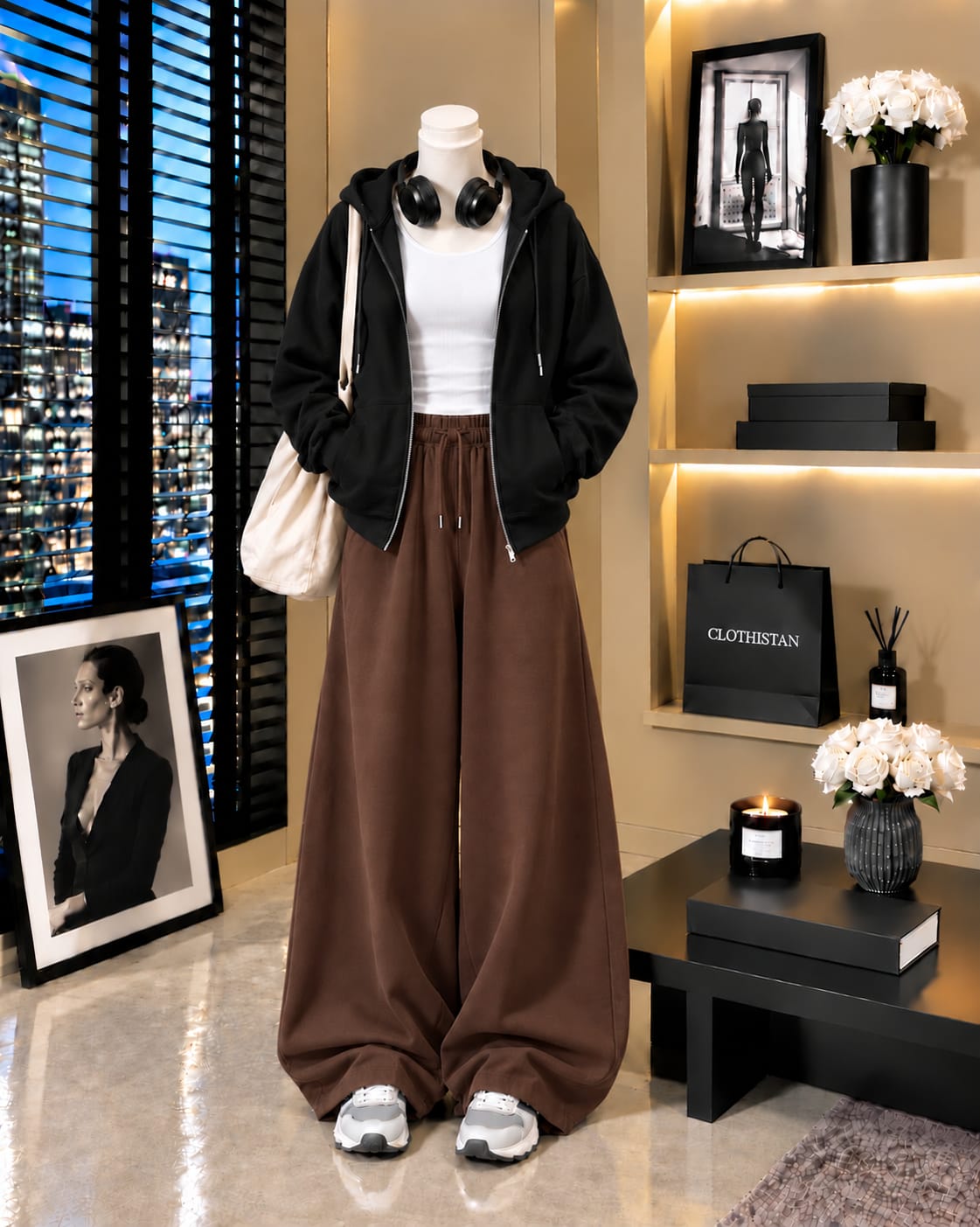 Zipper Hoodie, White Tank Top & Brown Wide-Leg Trouser as Pack of Threes
