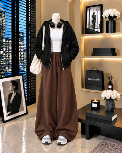 Zipper Hoodie, White Tank Top & Brown Wide-Leg Trouser as Pack of Threes