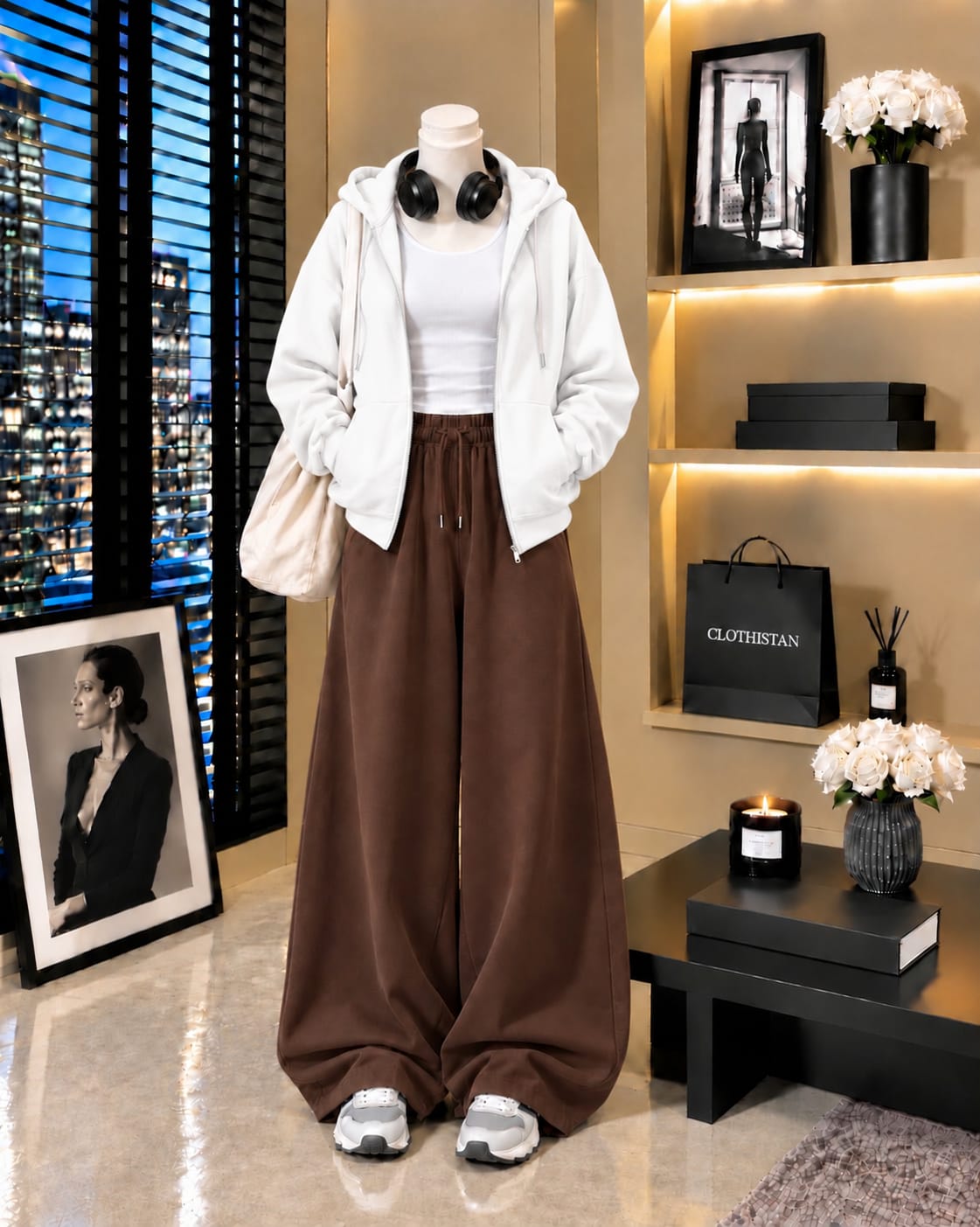 Zipper Hoodie, White Tank Top & Brown Wide-Leg Trouser as Pack of Threes