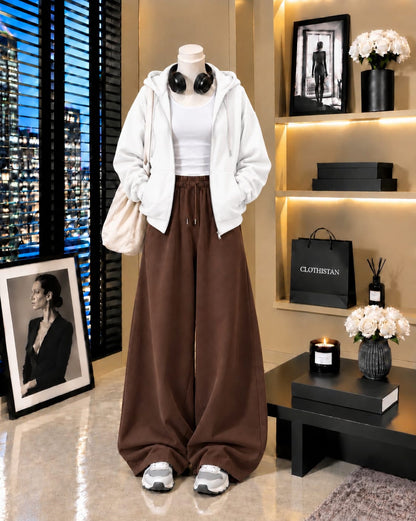 Zipper Hoodie, White Tank Top & Brown Wide-Leg Trouser as Pack of Threes