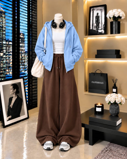 Zipper Hoodie, White Tank Top & Brown Wide-Leg Trouser as Pack of Threes