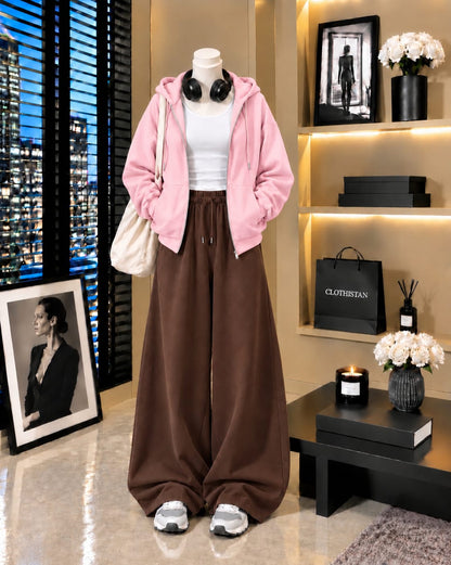Zipper Hoodie, White Tank Top & Brown Wide-Leg Trouser as Pack of Threes