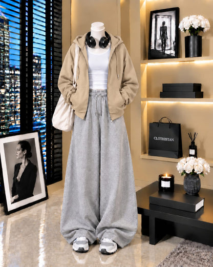 Zipper Hoodie, White Tank Top & Grey Wide-Leg Trouser as Pack of Threes