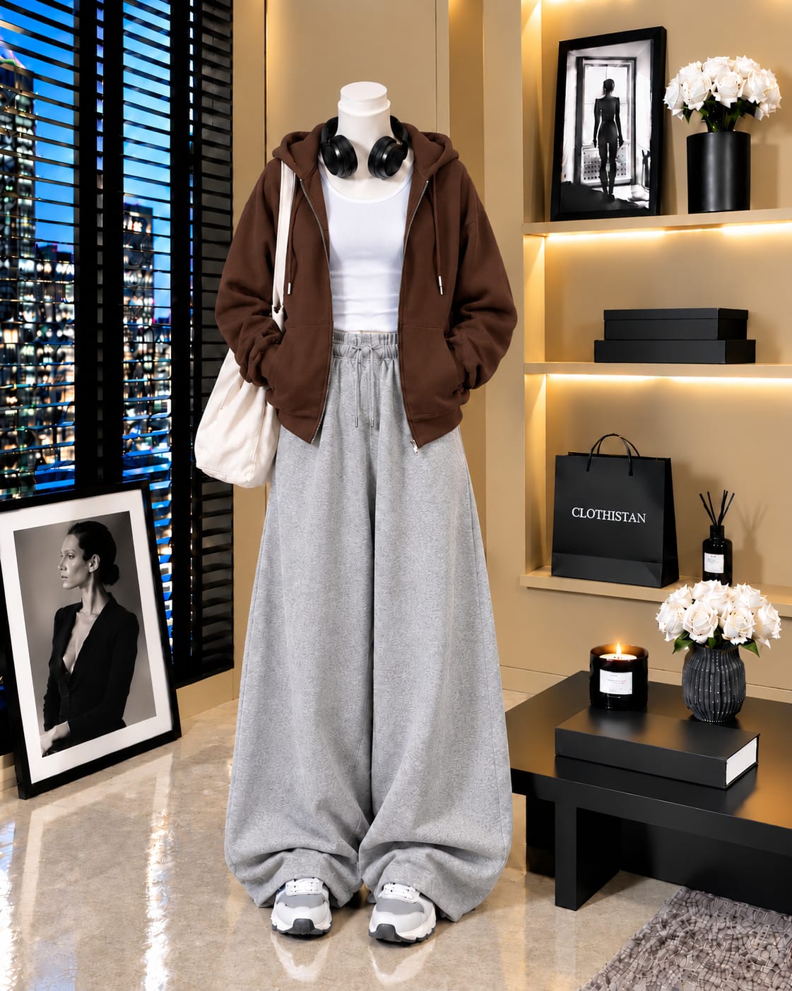 Zipper Hoodie, White Tank Top & Grey Wide-Leg Trouser as Pack of Threes