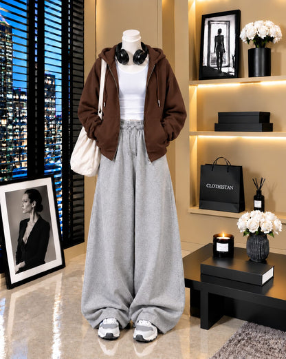 Zipper Hoodie, White Tank Top & Grey Wide-Leg Trouser as Pack of Threes