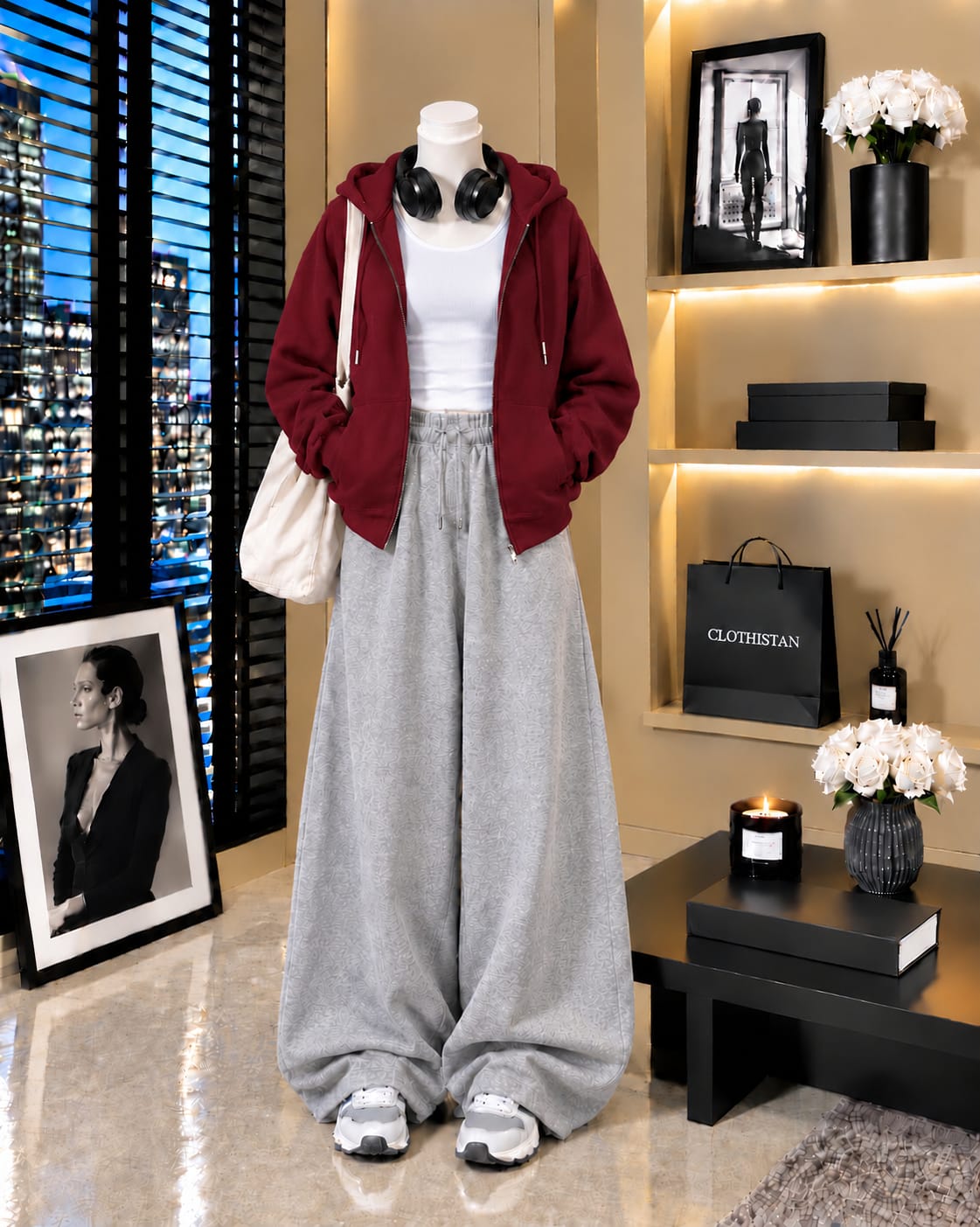 Zipper Hoodie, White Tank Top & Grey Wide-Leg Trouser as Pack of Threes