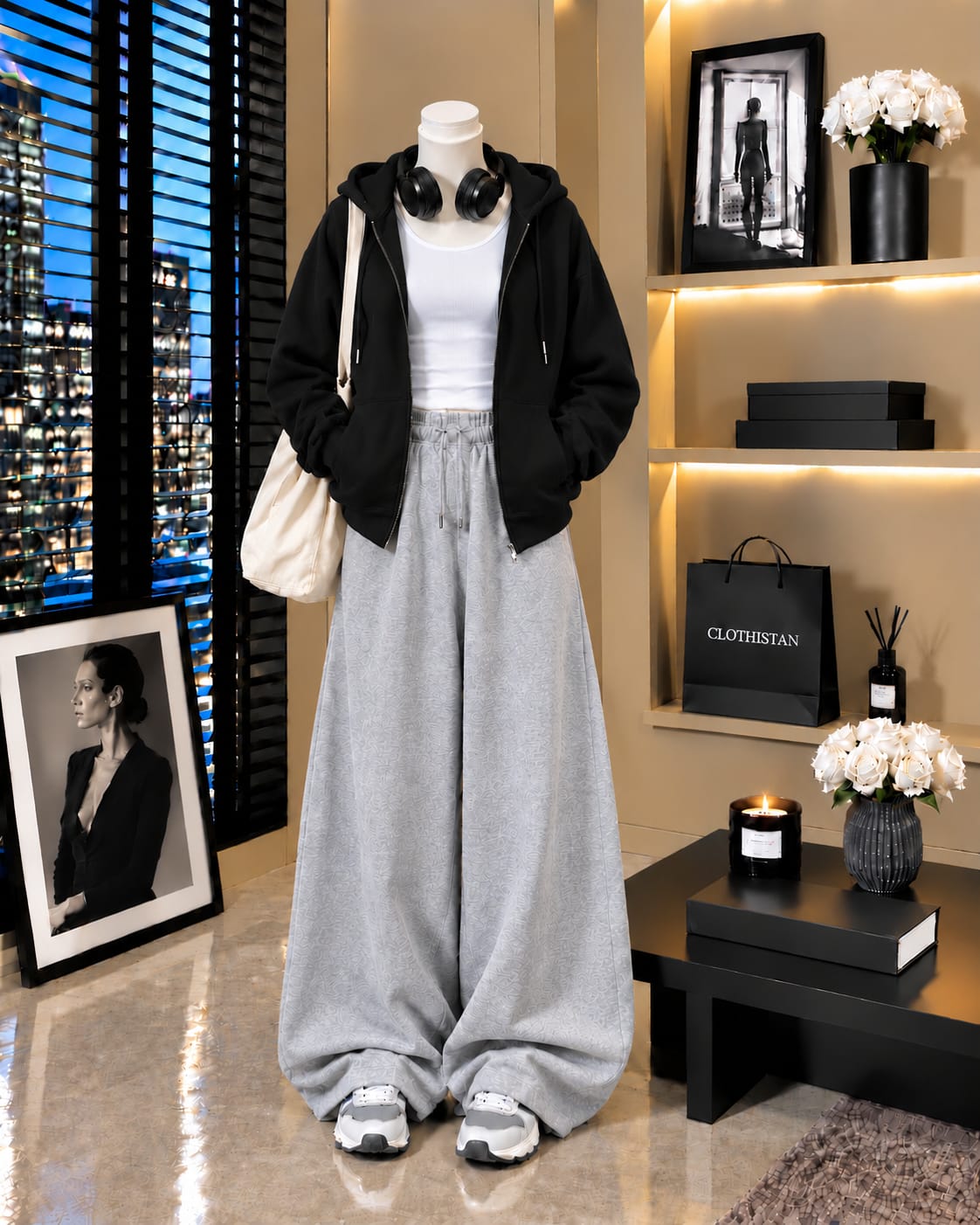 Zipper Hoodie, White Tank Top & Grey Wide-Leg Trouser as Pack of Threes