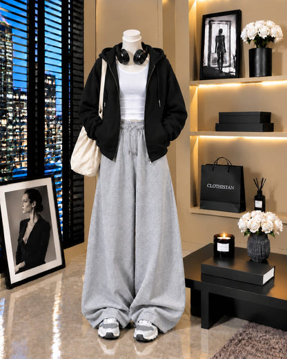 Zipper Hoodie, White Tank Top & Grey Wide-Leg Trouser as Pack of Threes
