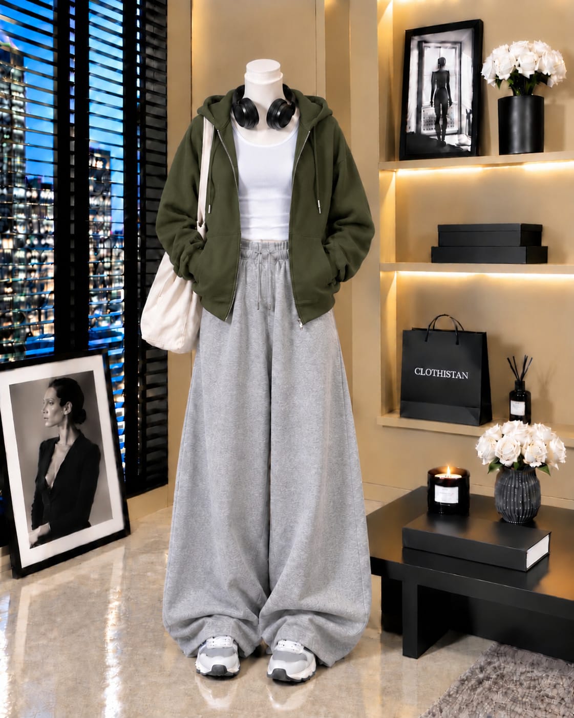 Zipper Hoodie, White Tank Top & Grey Wide-Leg Trouser as Pack of Threes