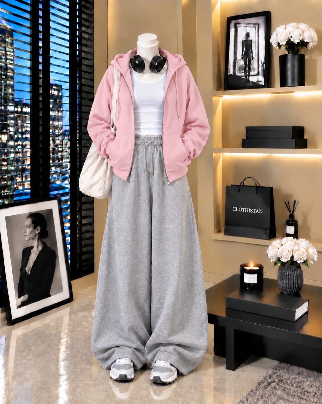 Zipper Hoodie, White Tank Top & Grey Wide-Leg Trouser as Pack of Threes