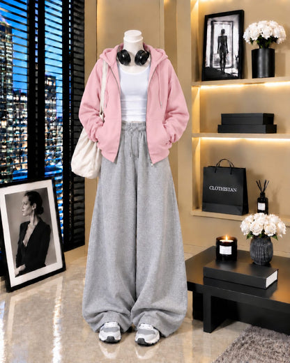 Zipper Hoodie, White Tank Top & Grey Wide-Leg Trouser as Pack of Threes