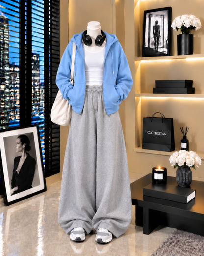 Zipper Hoodie, White Tank Top & Grey Wide-Leg Trouser as Pack of Threes