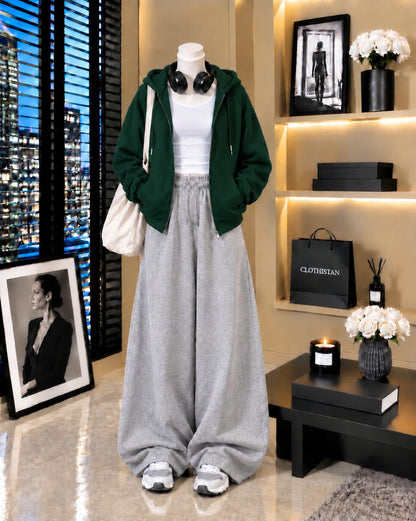 Zipper Hoodie, White Tank Top & Grey Wide-Leg Trouser as Pack of Threes