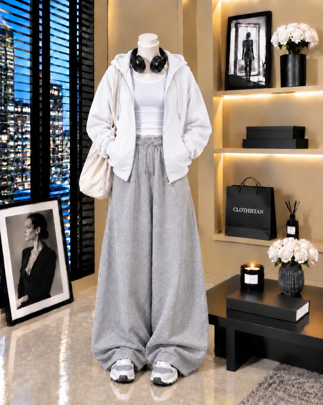 Zipper Hoodie, White Tank Top & Grey Wide-Leg Trouser as Pack of Threes