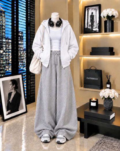 Zipper Hoodie, White Tank Top & Grey Wide-Leg Trouser as Pack of Threes
