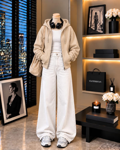 Zipper Hoodie, White Rib Tank Top & White Wide-Leg Jeans as Pack of Threes