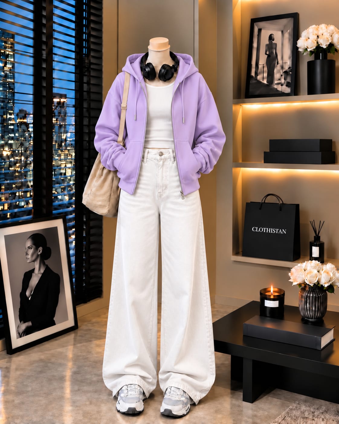 Zipper Hoodie, White Rib Tank Top & White Wide-Leg Jeans as Pack of Threes