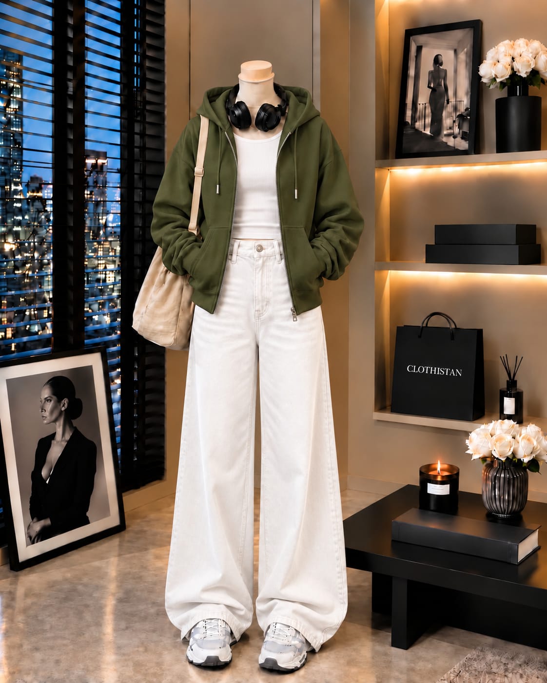 Zipper Hoodie, White Rib Tank Top & White Wide-Leg Jeans as Pack of Threes
