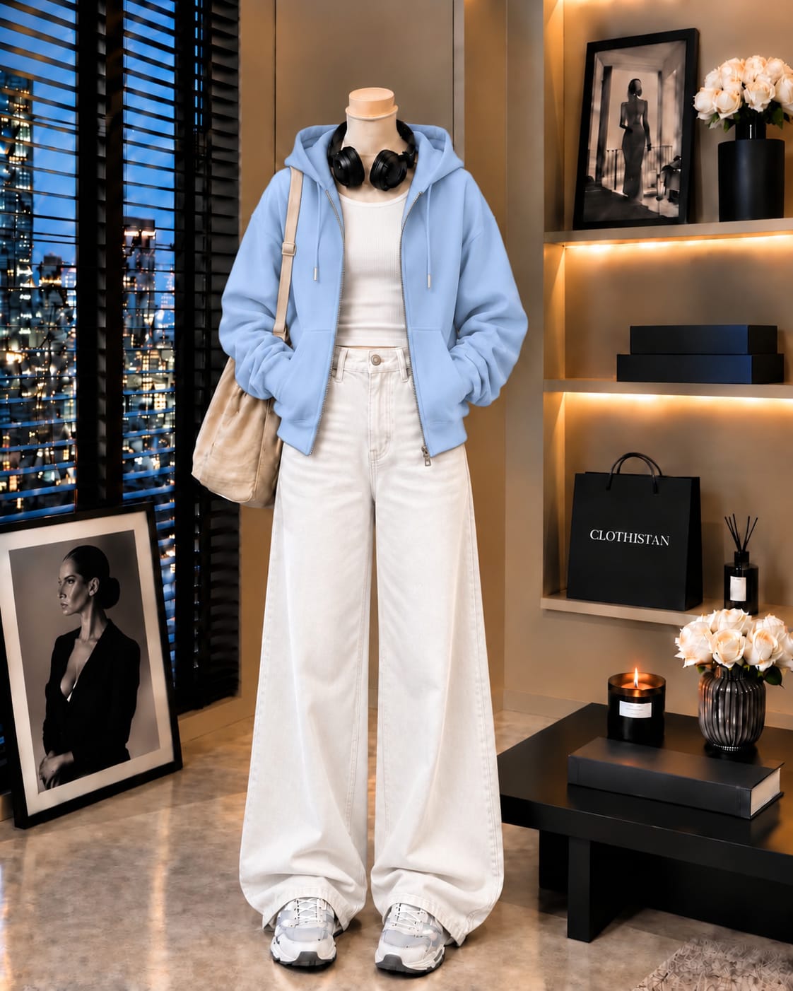 Zipper Hoodie, White Rib Tank Top & White Wide-Leg Jeans as Pack of Threes