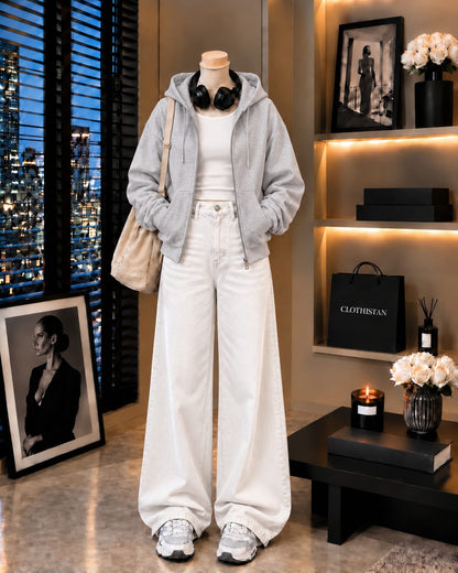 Zipper Hoodie, White Rib Tank Top & White Wide-Leg Jeans as Pack of Threes