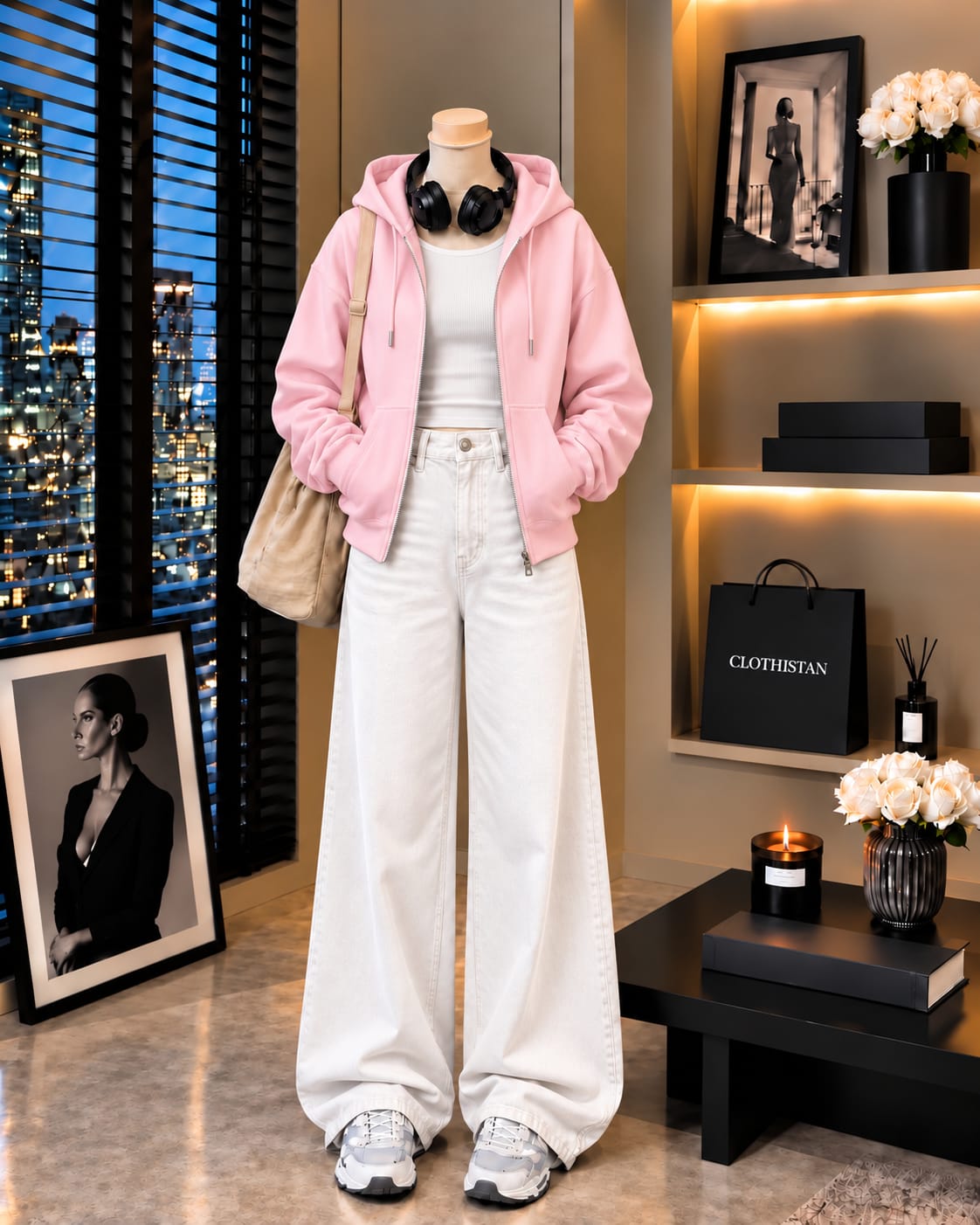Zipper Hoodie, White Rib Tank Top & White Wide-Leg Jeans as Pack of Threes