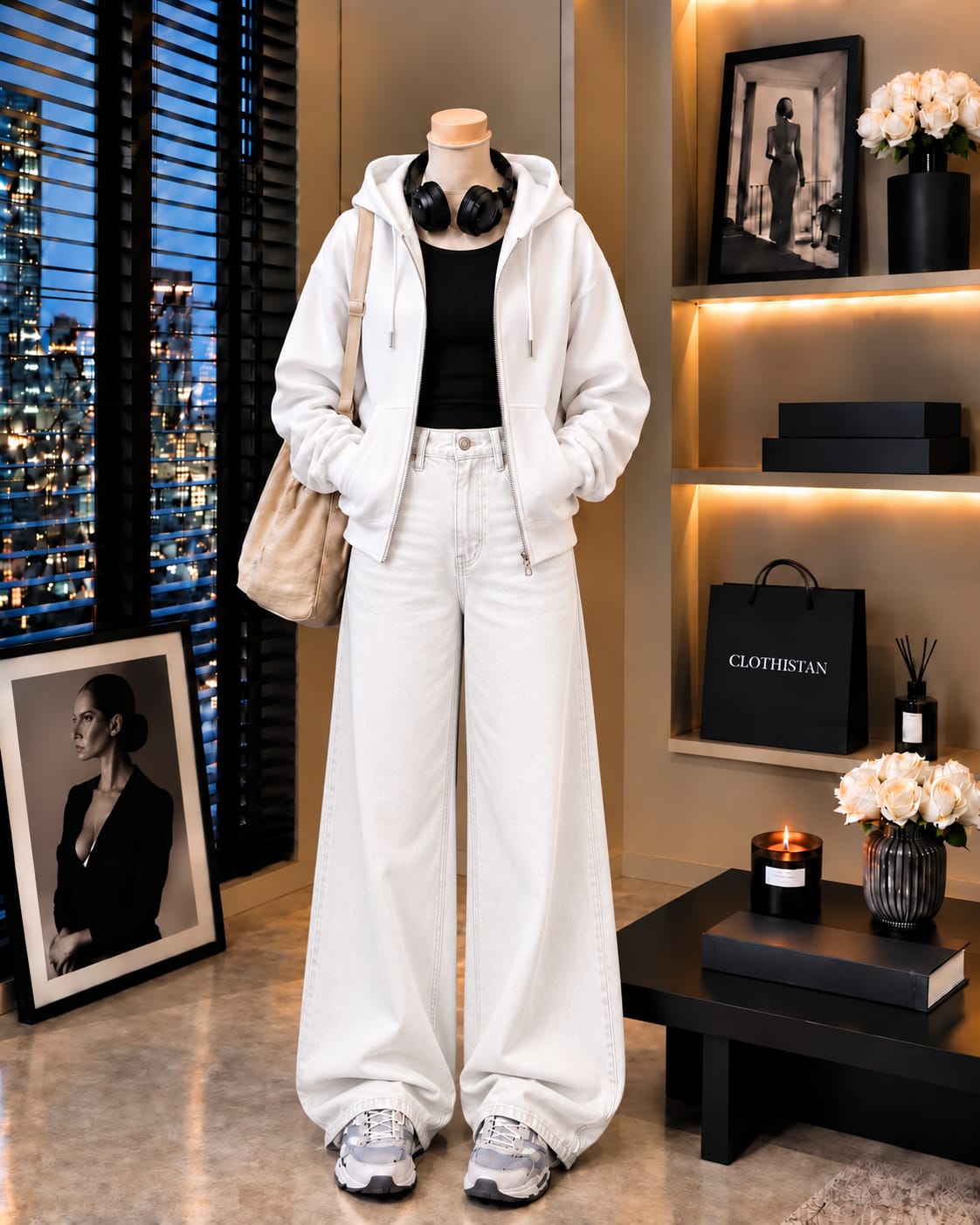 Zipper Hoodie, Black Rib Tank Top & White Wide-Leg Jeans as Pack of Threes