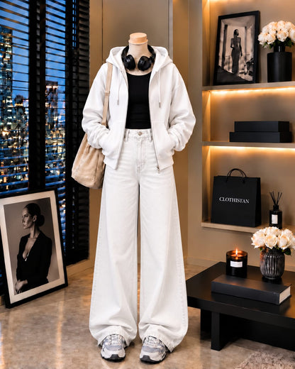 Zipper Hoodie, Black Rib Tank Top & White Wide-Leg Jeans as Pack of Threes