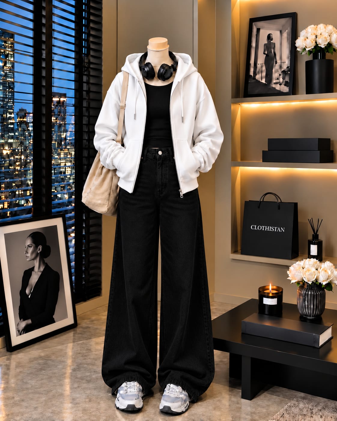 Zipper Hoodie, Black Rib Tank Top & Black Wide-Leg Jeans as Pack of Threes
