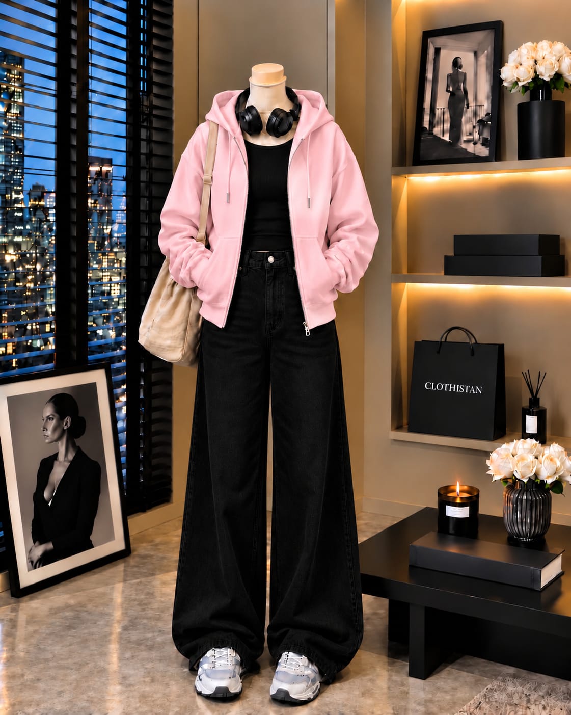 Zipper Hoodie, Black Rib Tank Top & Black Wide-Leg Jeans as Pack of Threes