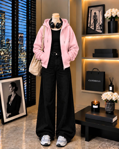 Zipper Hoodie, Black Rib Tank Top & Black Wide-Leg Jeans as Pack of Threes