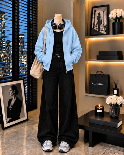 Zipper Hoodie, Black Rib Tank Top & Black Wide-Leg Jeans as Pack of Threes