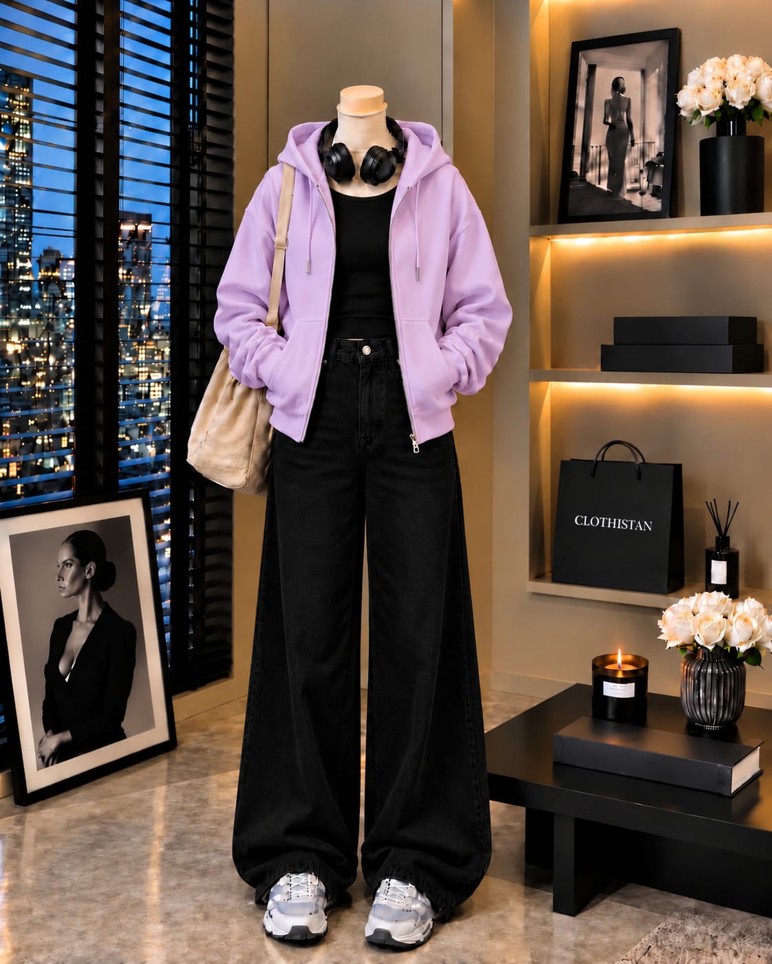 Zipper Hoodie, Black Rib Tank Top & Black Wide-Leg Jeans as Pack of Threes
