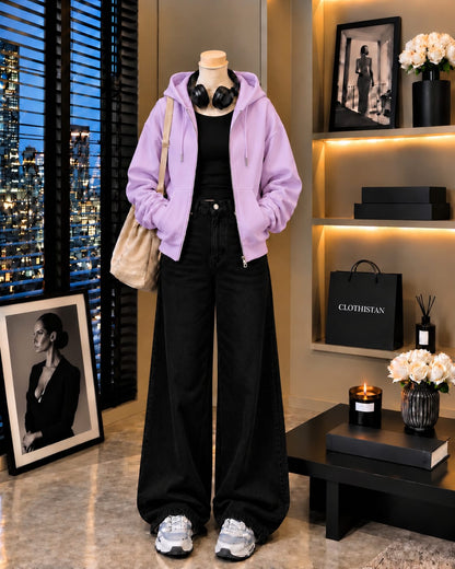 Zipper Hoodie, Black Rib Tank Top & Black Wide-Leg Jeans as Pack of Threes
