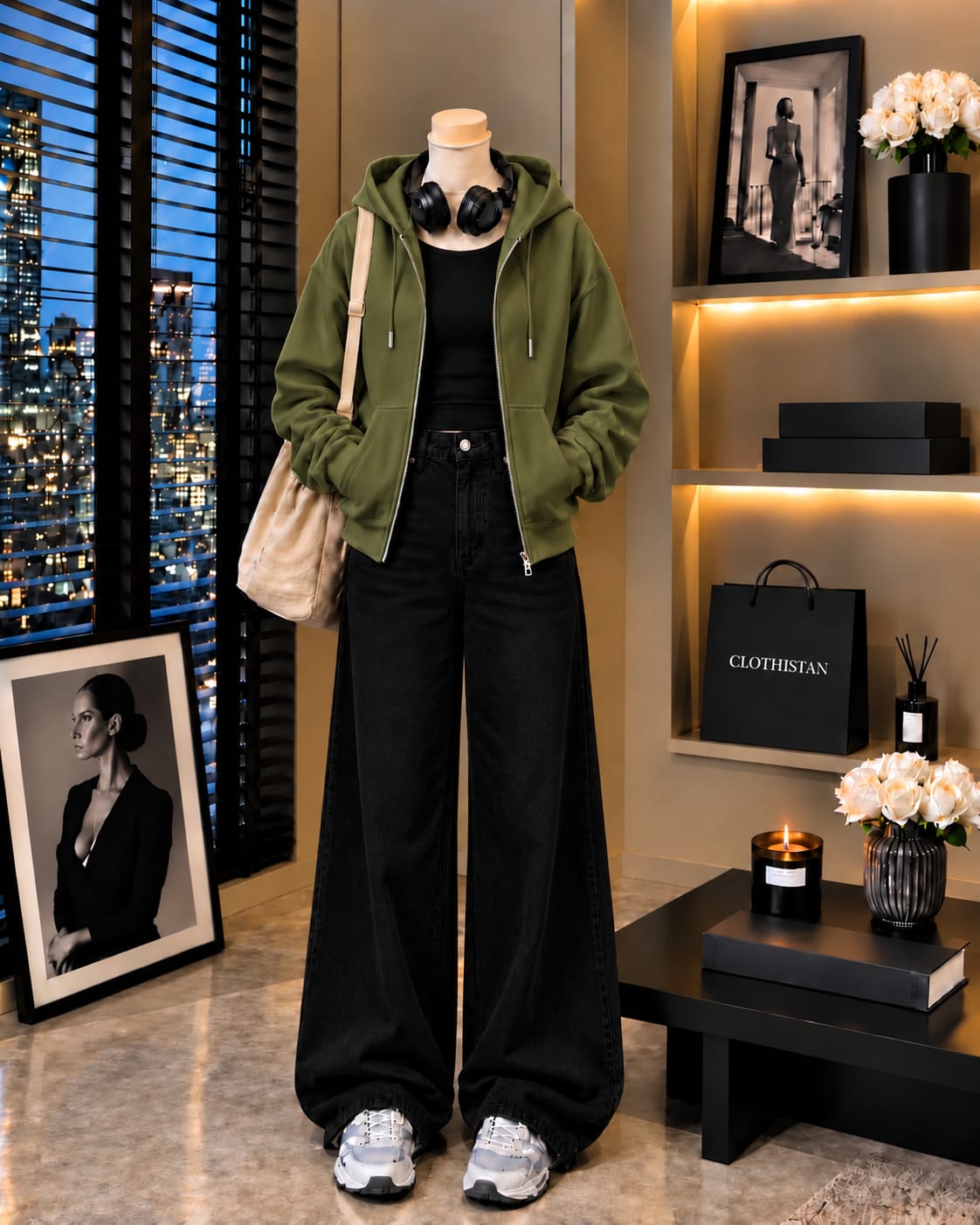 Zipper Hoodie, Black Rib Tank Top & Black Wide-Leg Jeans as Pack of Threes