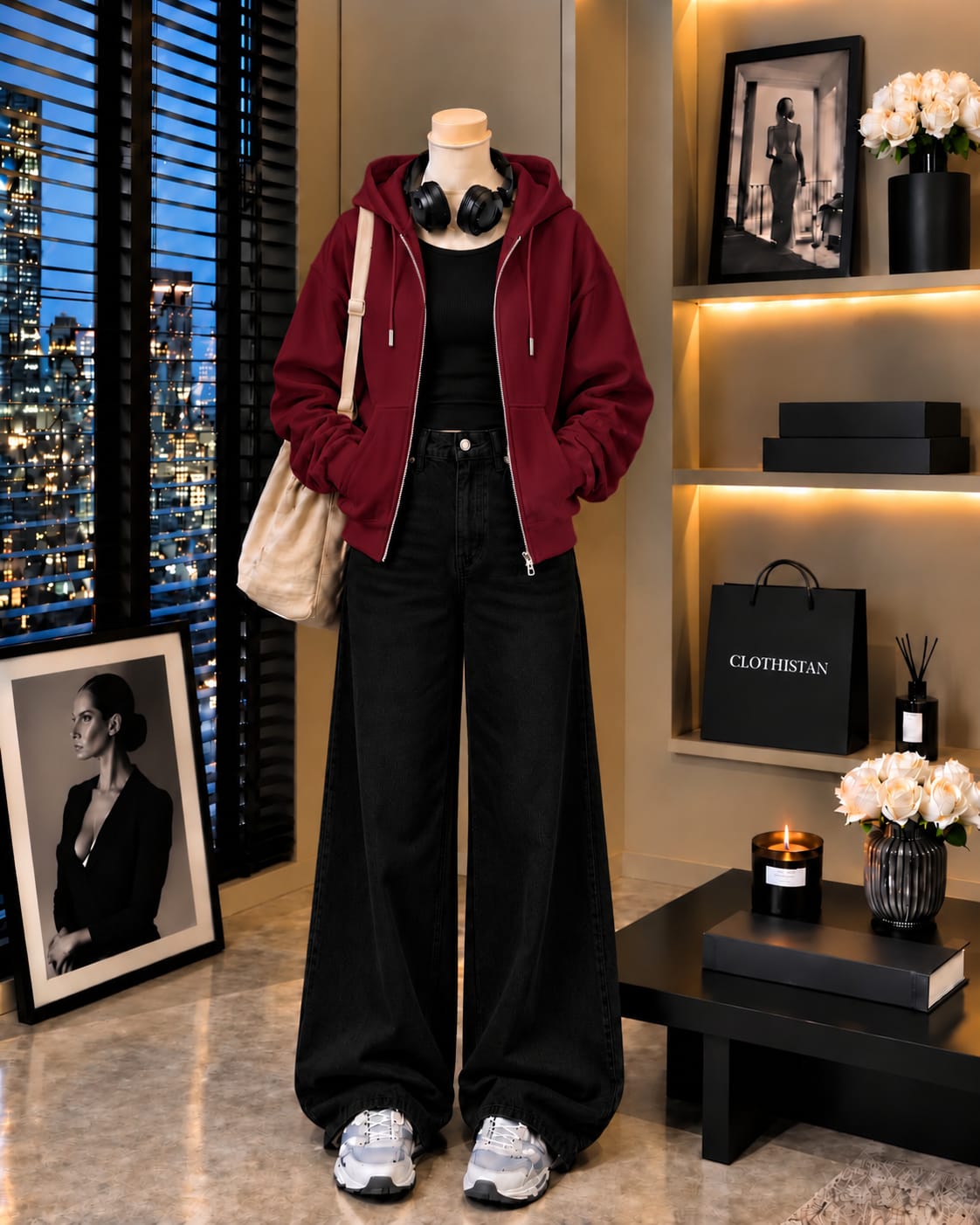 Zipper Hoodie, Black Rib Tank Top & Black Wide-Leg Jeans as Pack of Threes