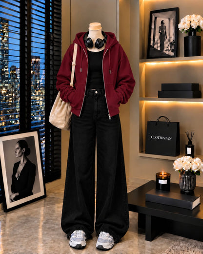 Zipper Hoodie, Black Rib Tank Top & Black Wide-Leg Jeans as Pack of Threes