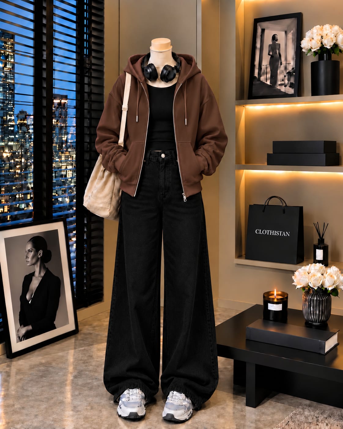 Zipper Hoodie, Black Rib Tank Top & Black Wide-Leg Jeans as Pack of Threes