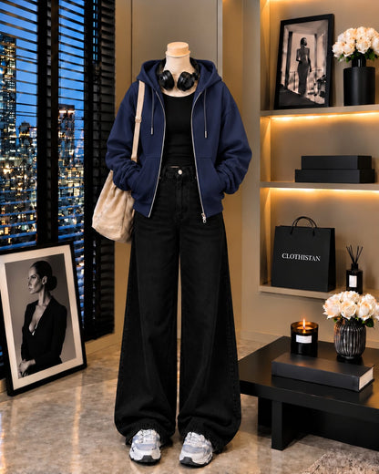 Zipper Hoodie, Black Rib Tank Top & Black Wide-Leg Jeans as Pack of Threes