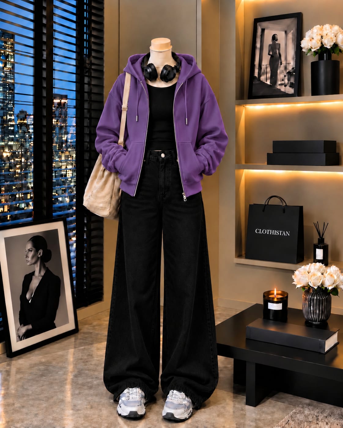Zipper Hoodie, Black Rib Tank Top & Black Wide-Leg Jeans as Pack of Threes