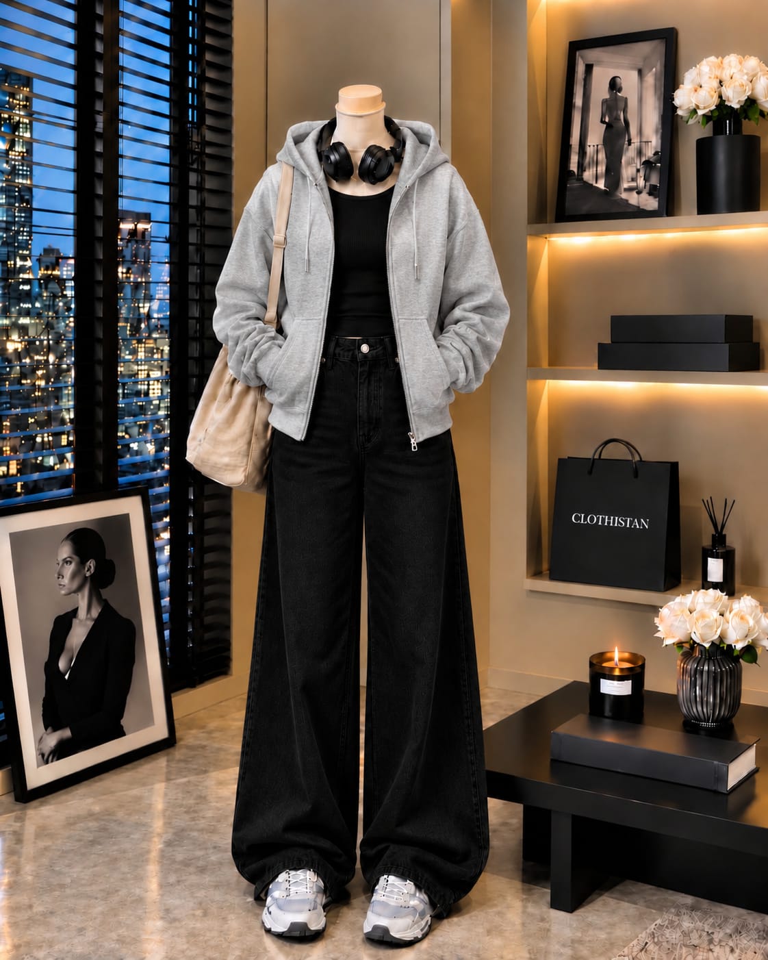 Zipper Hoodie, Black Rib Tank Top & Black Wide-Leg Jeans as Pack of Threes