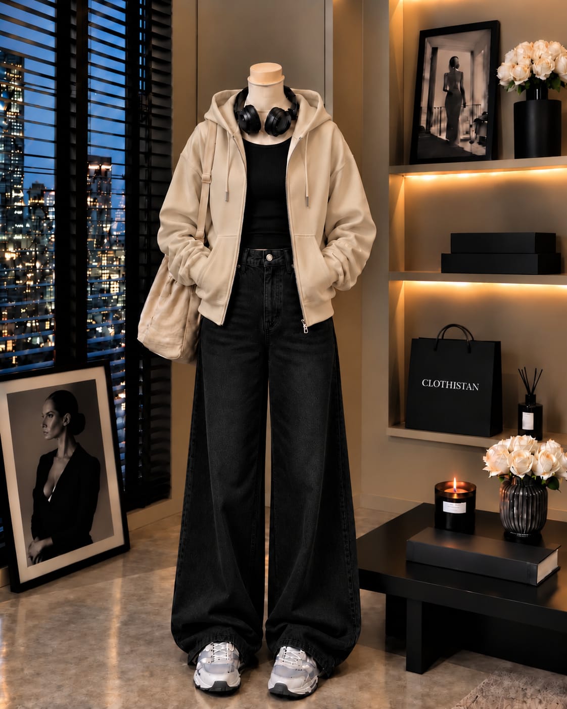 Zipper Hoodie, Black Rib Tank Top & Black Wide-Leg Jeans as Pack of Threes