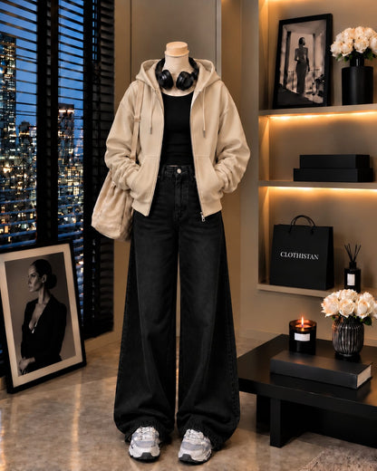 Zipper Hoodie, Black Rib Tank Top & Black Wide-Leg Jeans as Pack of Threes