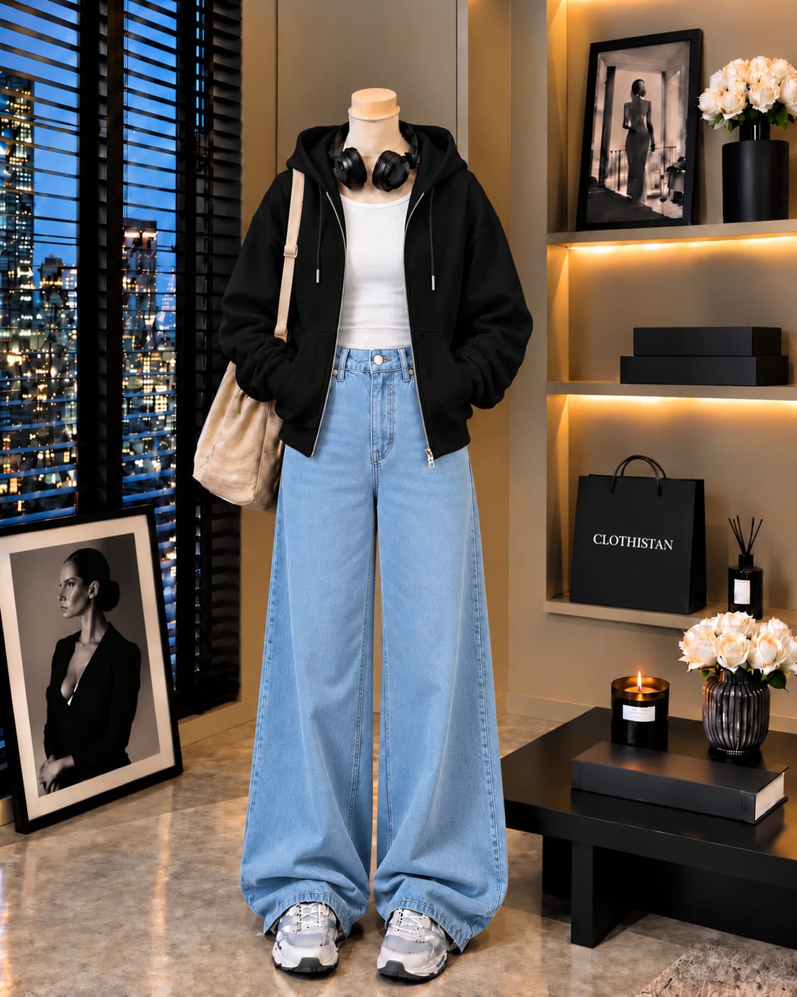 Zipper Hoodie, White Rib Tank Top & Sky blue Wide-Leg Jeans as Pack of Threes