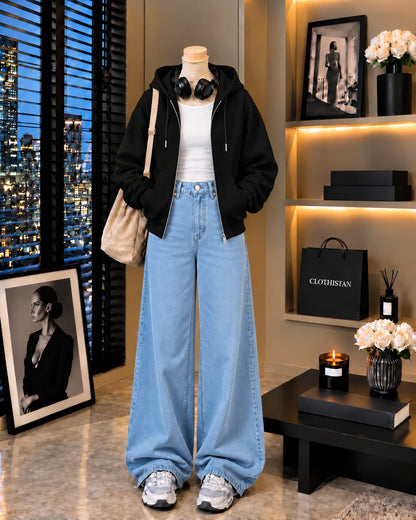 Zipper Hoodie, White Rib Tank Top & Sky blue Wide-Leg Jeans as Pack of Threes