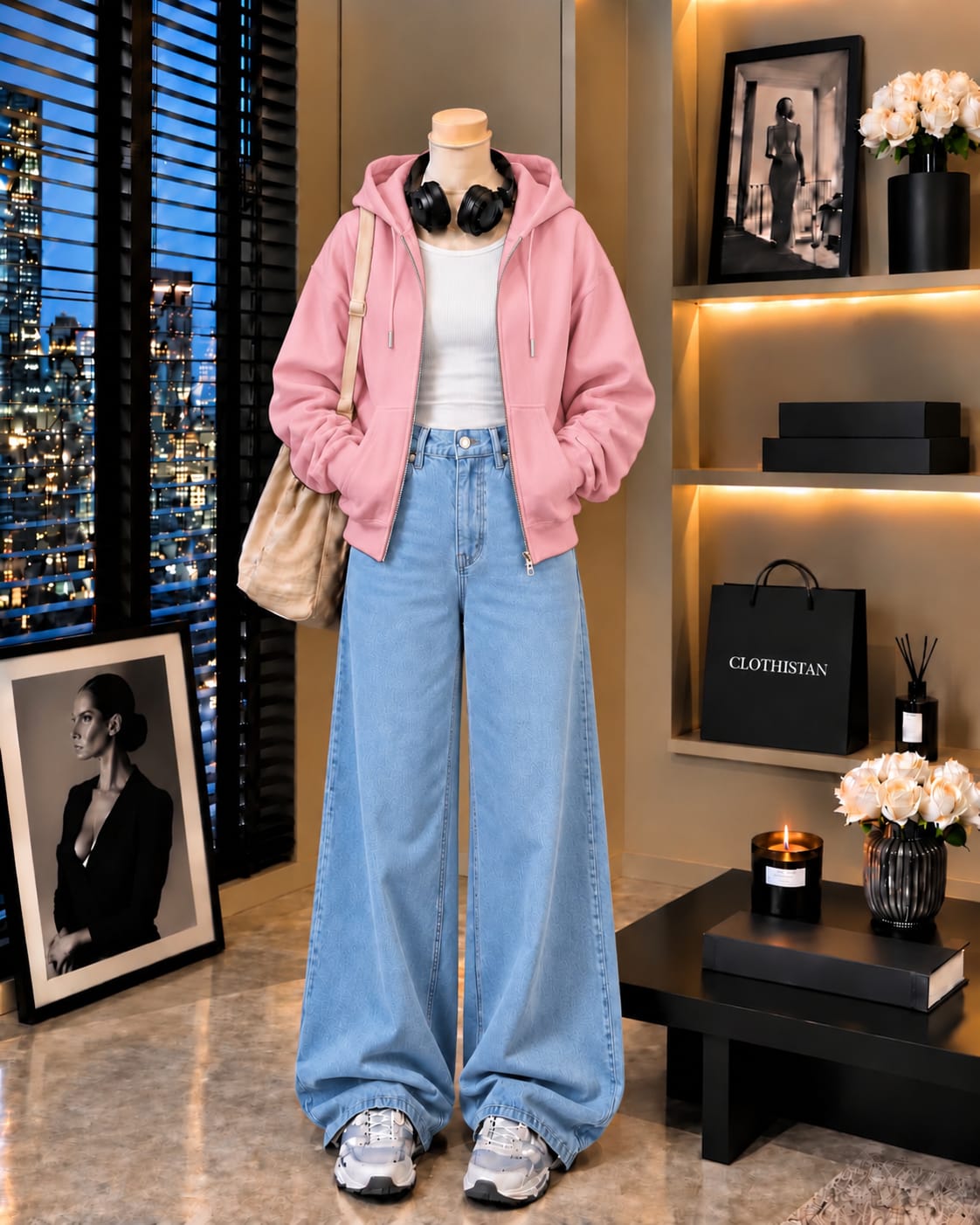 Zipper Hoodie, White Rib Tank Top & Sky blue Wide-Leg Jeans as Pack of Threes