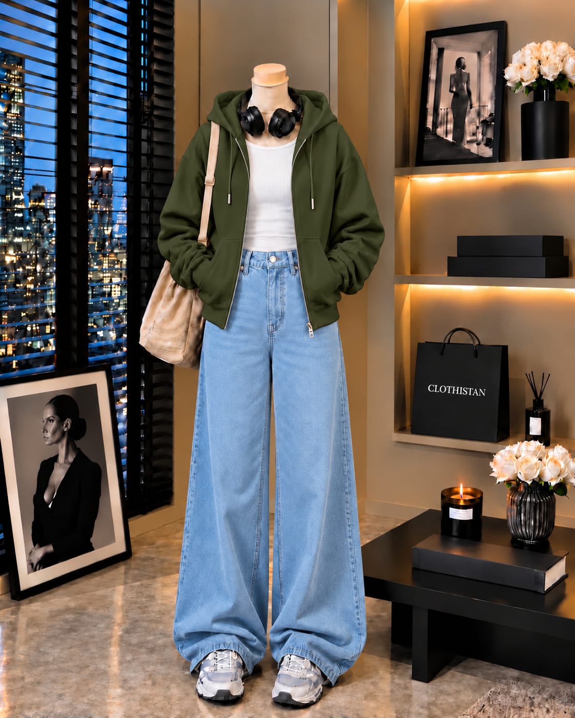 Zipper Hoodie, White Rib Tank Top & Sky blue Wide-Leg Jeans as Pack of Threes