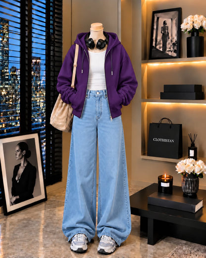 Zipper Hoodie, White Rib Tank Top & Sky blue Wide-Leg Jeans as Pack of Threes