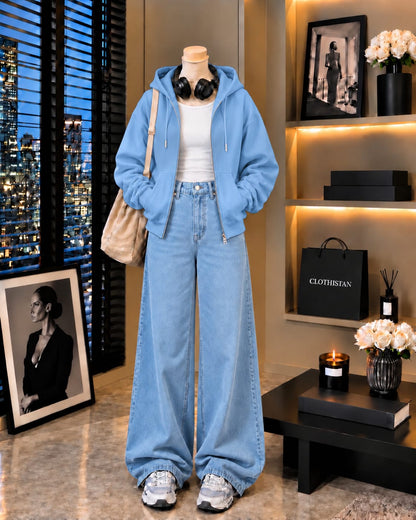 Zipper Hoodie, White Rib Tank Top & Sky blue Wide-Leg Jeans as Pack of Threes