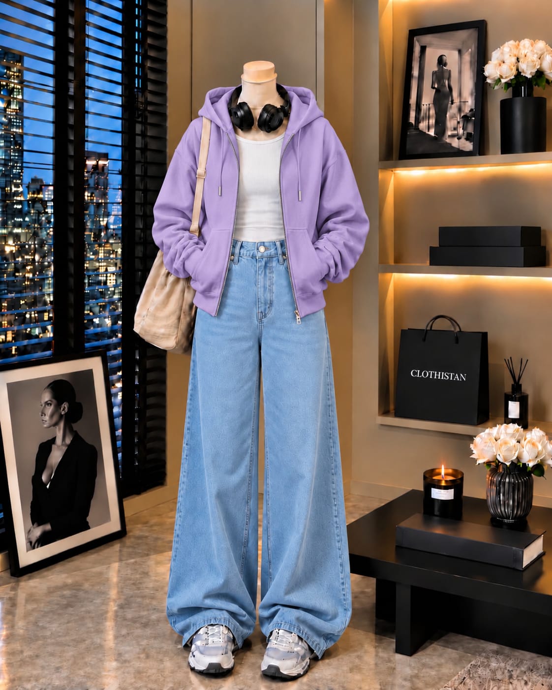 Zipper Hoodie, White Rib Tank Top & Sky blue Wide-Leg Jeans as Pack of Threes