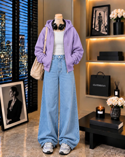 Zipper Hoodie, White Rib Tank Top & Sky blue Wide-Leg Jeans as Pack of Threes